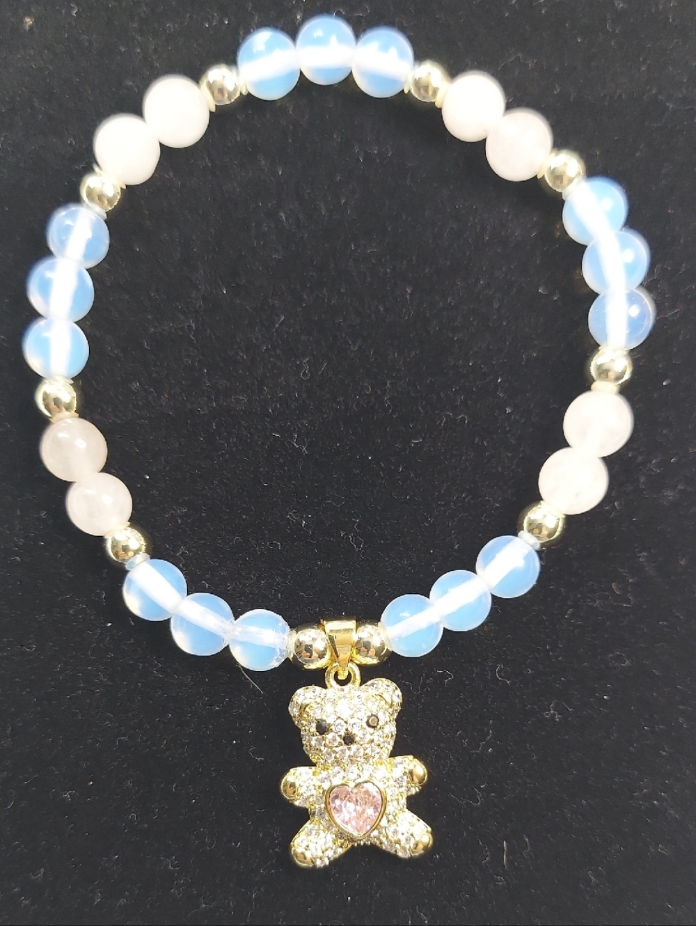 Rose Quartz, Opalite & Gold Teddy Bear Beaded Charm Bracelet